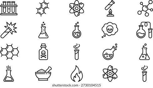 Chemistry laboratory icon set with test tubes, molecules, flasks, poison symbols, and scientific experiment tools