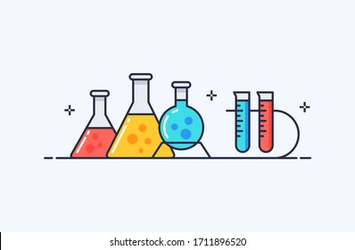 Chemistry and laboratory icons illustration in flat line style. Design concept of vector illustration isolated on light background for website and mobile apps. 