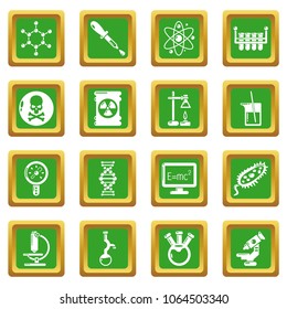 Chemistry laboratory icons set vector green square isolated on white background 