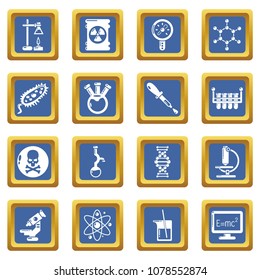 Chemistry laboratory icons set vector blue square isolated on white background 