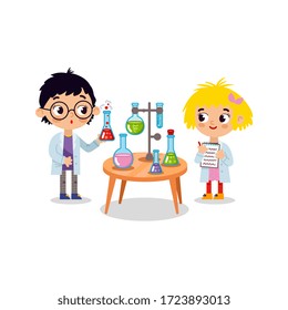 Chemistry laboratory. Little boy and girl scientist in classroom at chemistry lesson. School chemical laboratory with glass flask and test tubes. Schoolboy making science experiment in chemistry class