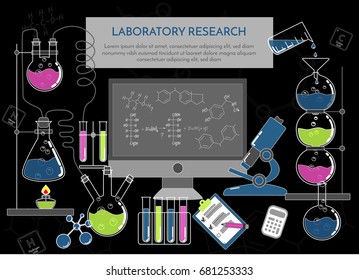 Chemistry laboratory on the black background with color flasks