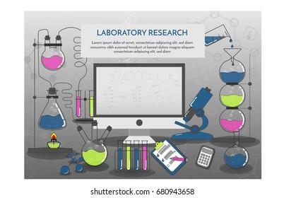 Chemistry laboratory on the gray background with color flasks