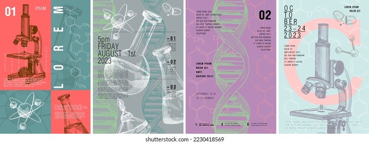 Chemistry. Laboratory, pharmaceutics and biology. Poster design. Set of vector illustrations. Typography. Vintage pencil sketch. Engraving style. Labels, cover, t-shirt print, painting.