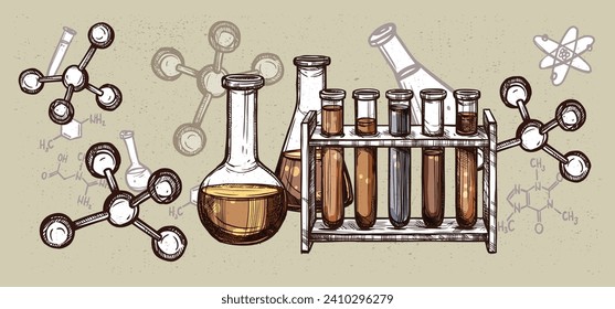 Chemistry. Laboratory, pharmaceutics and biology. Poster design. Set of vector illustrations. Typography. Vintage pencil sketch