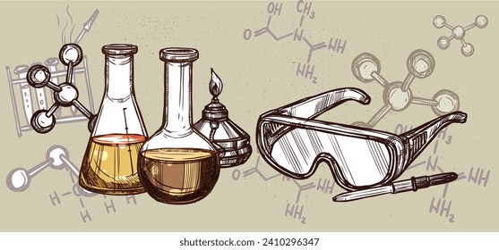 Chemistry. Laboratory, pharmaceutics and biology. Poster design. Set of vector illustrations. Typography. Vintage pencil sketch