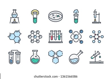 Chemistry and laboratory related color line icon set. Science lab and scientific equipment linear icons. Experiment colorful outline vector sign collection.
