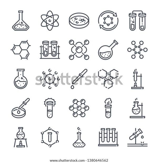 Chemistry and laboratory related line icon\
set. Science and scientific equipment linear icons. Lab and\
experiment outline vector sign\
collection.