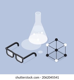 Chemistry laboratory research isometric vector illustration. Chemical reaction biology physics experiment analysis with beaker, molecule mockup, eyeglasses. Scientific research, discovery, education