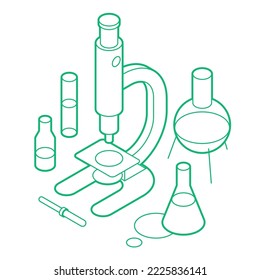 Investigación de laboratorio de química, ilustración vectorial isométrica. Análisis de experimentos de física de biología de reacción química con un vaso. Investigación científica, descubrimiento, educación. Diseño de contorno simple.