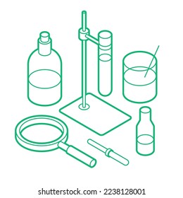 Investigación de laboratorio de química, ilustración vectorial isométrica. Análisis de experimentos de física de biología de reacción química con un vaso. Investigación científica, descubrimiento, educación. Diseño de contorno simple.