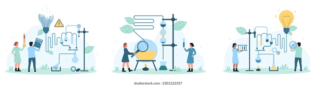 Química, investigación de laboratorio, ilustraciones vectoriales. Las personas diminutas de dibujos animados trabajan con equipos científicos, tubos de ensayo de laboratorio y reactivos químicos para análisis, experimentos científicos y análisis de reacciones