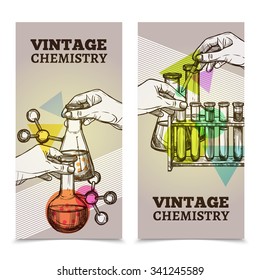 Chemistry laboratory research test tubes and retorts 2 vintage style vertical banners set abstract isolated vector illustration