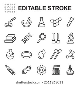 Coleção de ícones vetoriais de pesquisa em laboratório de química. Ilustrações finas de testes e análises de laboratórios científicos.