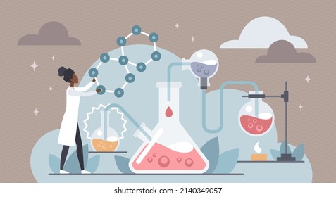 Chemistry laboratory research vector illustration. Cartoon scientist or student working with test glass flasks, lab scientific equipment. Education, pharmacy, science experiment and analysis concept