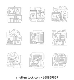 Chemistry laboratory at school. Set of detailed flat line icon