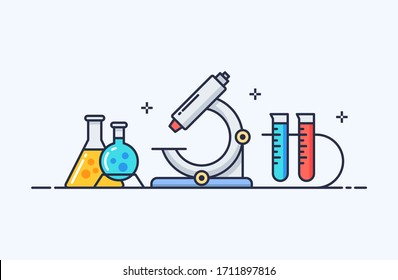 Chemistry and laboratory science icons illustration in flat line style. Design concept of vector illustration isolated on light background for website and mobile apps. 