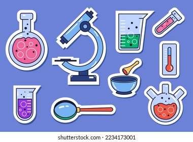 Chemistry laboratory science sticker isolated set. Vector flat graphic design element concept illustration