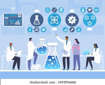 Chemistry laboratory test flat vector illustration. Doctors and assistant cartoon characters. Chemist, scientist profession. Chemical experiment, reaction study. Biochemistry research concept