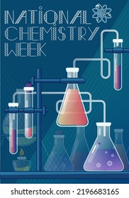 Chemistry laboratory. Vector illustration of glass flasks, vial, test-tube with substance and reagent. National chemistry week poster. For poster, banner, advertising, flyer, cover.