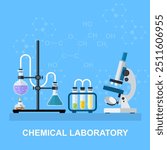 Chemistry laboratory workspace and science equipment concept. The chemical background, banner, cover. Science, education, chemistry, experiment, laboratory concept. vector illustration in flat design