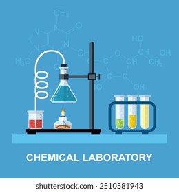 Laboratório de química espaço de trabalho e conceito de equipamento de ciência. O fundo químico, banner, capa. Ciência, educação, química, experimento, conceito de laboratório. ilustração vetorial em design plano