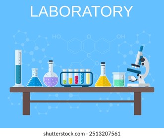 Laboratório de química espaço de trabalho e conceito de equipamento de ciência. O fundo químico, banner, capa. Ciência, educação, química, experimento, conceito de laboratório. ilustração vetorial em design plano