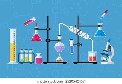 Laboratório de química espaço de trabalho e conceito de equipamento de ciência. O fundo químico, banner, capa. Ciência, educação, química, experimento, conceito de laboratório. ilustração vetorial em design plano