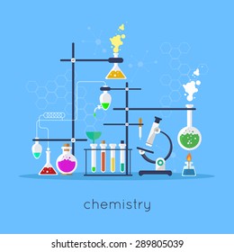 Chemistry laboratory workspace and science equipment concept. Flat design vector illustration.