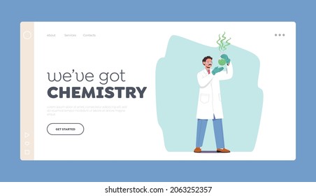 Chemistry Landing Page Template. Chemist Doing Science Research, Experiment in Lab. Male Character in Chemical Laboratory Use Scientific Equipment, Flask, Tube, Beaker. Cartoon Vector Illustration