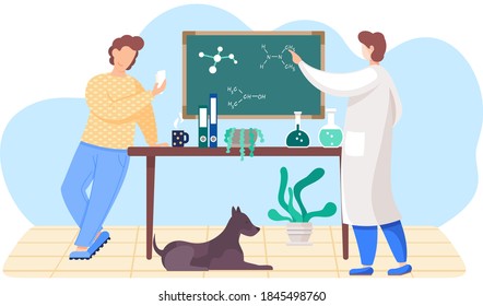 Chemistry lesson in the apartment. Scientist explains formulas on a blackboard. The guy stands with cards in his hands and prepares to play. The dog lies under the table. Study of chemical compounds