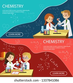 Chemistry Lesson Children School Elementary Classes Banner Vector Flat Illustration. Different Formulas. Students Conduct Experiments with Mixing Reagents. Children Learn Element Boy Holds in Hands 
