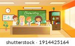 Chemistry lesson in classroom. Education in school vector illustration. Girls and boys doing chemistry experiments at school, holding flasks, using microscope at desk. Blackboard and bookcase.