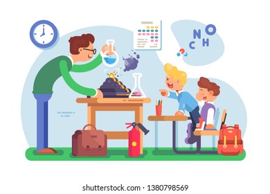 Chemistry lesson in classroom vector illustration. Teacher explaining new material to pupils and making interesting experiments with chemical agent flat style concept. Schoolroom interior