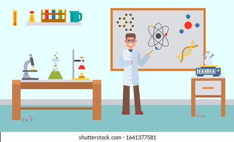 Chemistry lesson in classroom vector illustration. Male teacher explains at the blackboard. School college education. Equipment for chemical experiments. Atoms, molecules. Microscope, scales, burner.