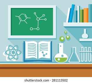 Chemistry lesson in the chemistry lab, blue flat illustration. In the chemical laboratory on the table is a utensil for carrying out chemical experiments. In the flask there is a chemical reaction. 