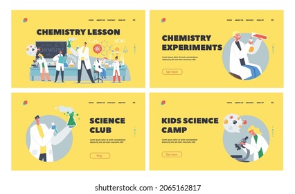 Chemistry Lesson Landing Page Template Set. Schoolkids Conduct Experiment in Class. Researchers Characters in Classroom with Teacher Conducting Chemical Experiment. Cartoon People Vector Illustration