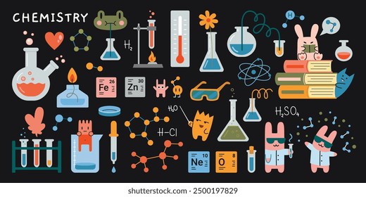 Chemistry lesson at school. Laboratory equipment, Test tube, chemical lab stuff and cute characters on black chalkboard. Education concept. Trendy modern vector illustration, hand drawn, flat