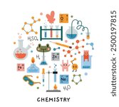 Chemistry lesson at school. Round composition with Laboratory equipment, Test tube, chemical lab stuff and cute characters. Education concept. Vector illustration isolated on white, hand drawn, flat