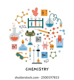 Lección de química en la escuela. Composición redonda con equipo de laboratorio, tubo de ensayo, material de laboratorio químico y personajes lindos. Concepto de Educación. Ilustración vectorial aislada en blanco, dibujado a mano, plano