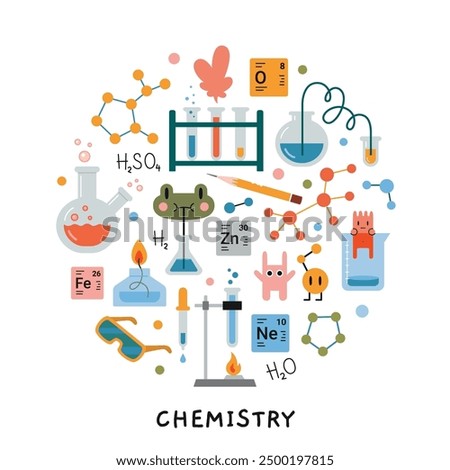 Chemistry lesson at school. Round composition with Laboratory equipment, Test tube, chemical lab stuff and cute characters. Education concept. Vector illustration isolated on white, hand drawn, flat