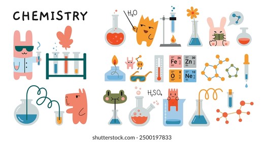 Chemistry lesson at school set. Laboratory equipment, Test tube, chemical lab stuff and cute characters. Education and study concept. Modern vector illustration isolated on white, hand drawn, flat