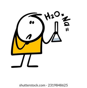 At chemistry lesson, student solves a problem, deduces chemical formula for the reaction of water and sodium. Vector illustration of a thoughtful stickman. Hand drawn stick figure character.