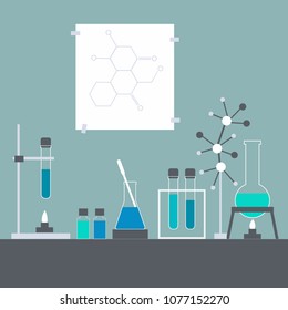 Chemistry lesson. Test tubes, solutions.Chemical laboratory.Vector illustration.