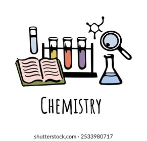 Aulas de Química, disciplina na escola, universidade ou faculdade. Ícones de desenho animado plano vetorial para o currículo dos alunos. Disciplina que dá conhecimento sobre substâncias e cadeias de reações químicas