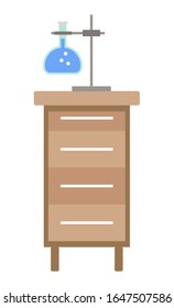 Chemistry lessons equipment for chemistry students classes and experiments. Isolated chest of drawers with glass flask filled with substance. Laboratory interior design furniture and equipment vector