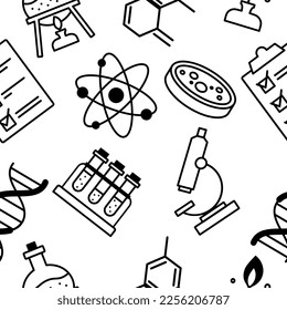 Chemistry line art seamless pattern. Repeating design element for printing on fabric. Minimalistic creativity and art. Molecule structure, microscope, laboratory. Cartoon flat vector illustration
