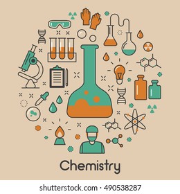 Chemistry Line Art Thin Vector Icons Set with DNA and Chemical Elements