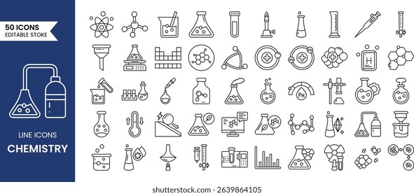 Chemistry line editable icon set. Containing test flask, test tube, chemistry lab, experiment, chemical bond, atom, molecule and more. Vector illustration