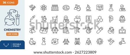 Chemistry line editable icon set. Containing Laboratory test flask, reaction tube, chemistry lab, experiment, Chemical formula, Microscope, and more. vector illustration